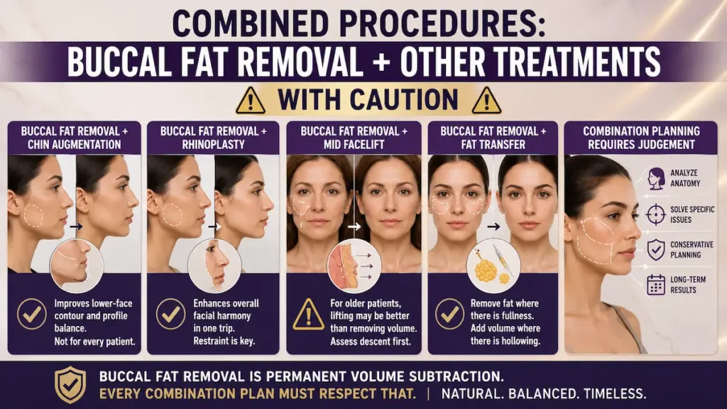 Buccal fat removal combined procedures infographic showing chin augmentation, rhinoplasty, mid facelift, fat transfer, and conservative planning.