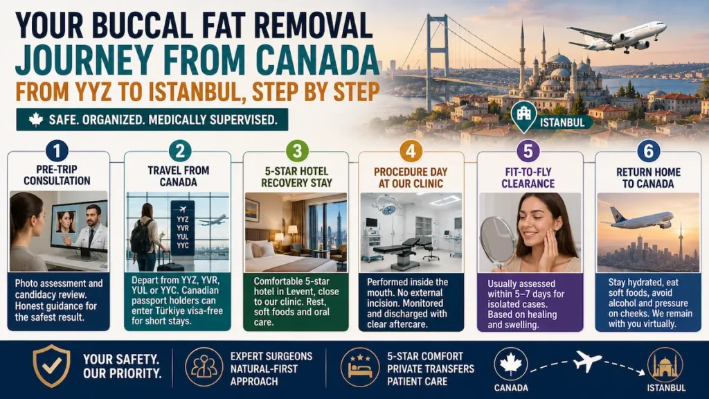 Buccal fat removal journey from Canada to Istanbul infographic showing consultation, travel, hotel recovery, procedure day, fit-to-fly clearance, and return home.