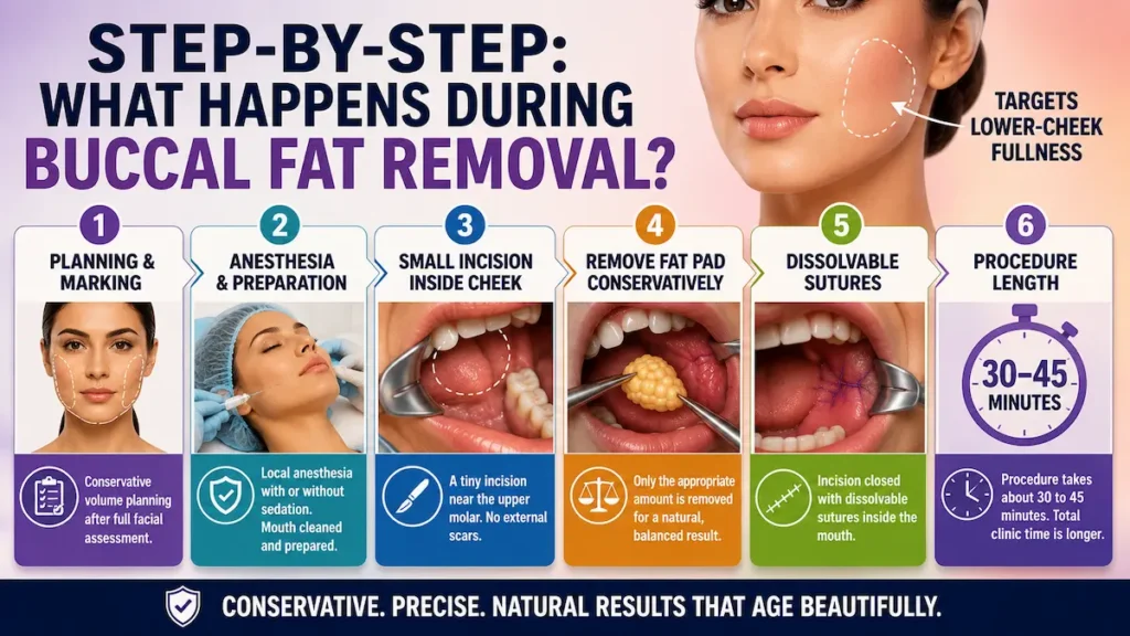 Buccal fat removal procedure infographic showing planning, anesthesia, intraoral incision, conservative fat pad removal, dissolvable sutures, and 30–45 minute timing.