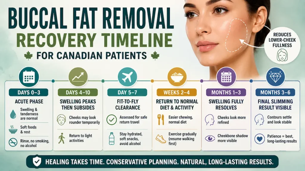 Buccal fat removal recovery timeline infographic for Canadian patients showing swelling, fit-to-fly clearance, diet, activity, and final results.