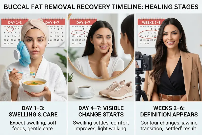 Buccal Fat Removal recovery timeline infographic showing swelling days 1–3, improvement days 4–7, and definition weeks 2–6