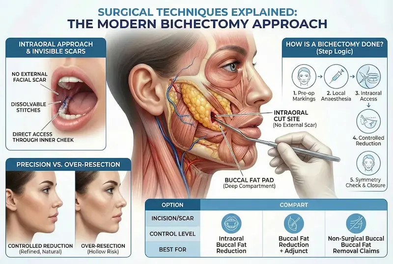 Buccal Fat Removal surgical techniques infographic showing intraoral incision, controlled reduction steps, and avoiding over-resection (hollowing risk).