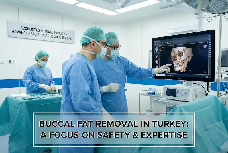 Buccal Fat Removal in Turkey shown in an accredited surgical facility with surgeons reviewing 3D facial imaging for safety