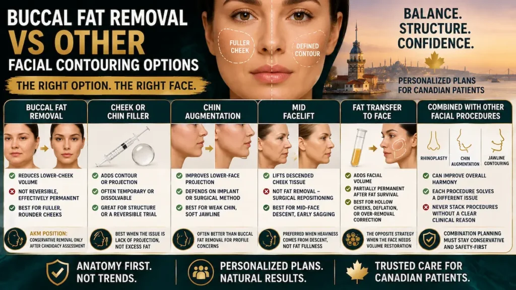 Buccal fat removal vs facial contouring options infographic comparing filler, chin augmentation, mid facelift, fat transfer, and combined facial procedures.