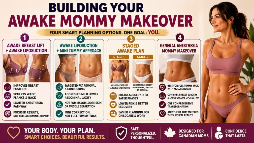 Awake Mommy Makeover planning infographic showing breast lift, liposuction, staging, and anesthesia options