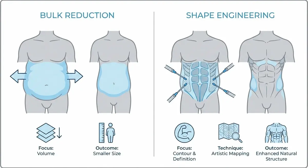 Comparison infographic showing traditional liposuction focused on volume reduction versus high-definition liposuction focused on contour and definition through artistic mapping.