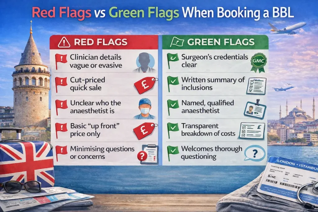 Is BBL Safer in Turkey infographic showing red flags vs green flags for booking a BBL abroad, including surgeon credentials, named anaesthetist, transparent costs, and aftercare access.