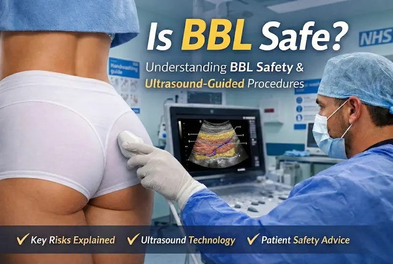 Is BBL Safe cover image showing ultrasound guided scanning to support bum lift safety and improved standards.