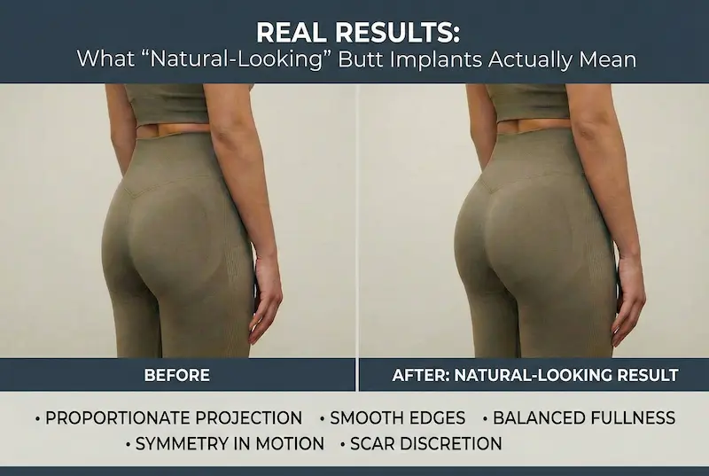 Butt Implants before and after showing natural-looking projection, smooth edges, balanced fullness, and symmetry in motion