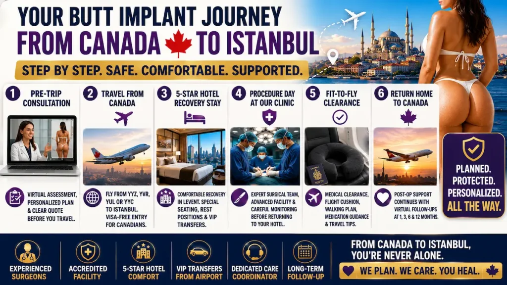 Butt implant journey from Canada to Istanbul showing consultation, travel, hotel recovery, surgery and fit-to-fly clearance