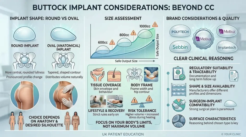 Butt Implants options infographic showing round vs oval implants, size selection factors, and brand considerations for gluteal augmentation