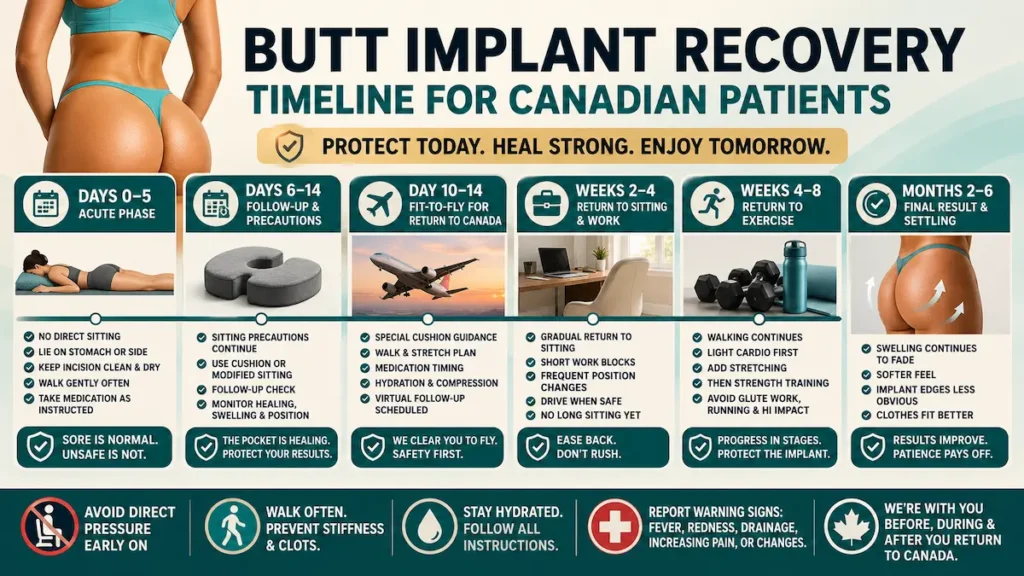 Butt implant recovery timeline for Canadian patients showing sitting precautions, fit-to-fly timing and return to exercise
