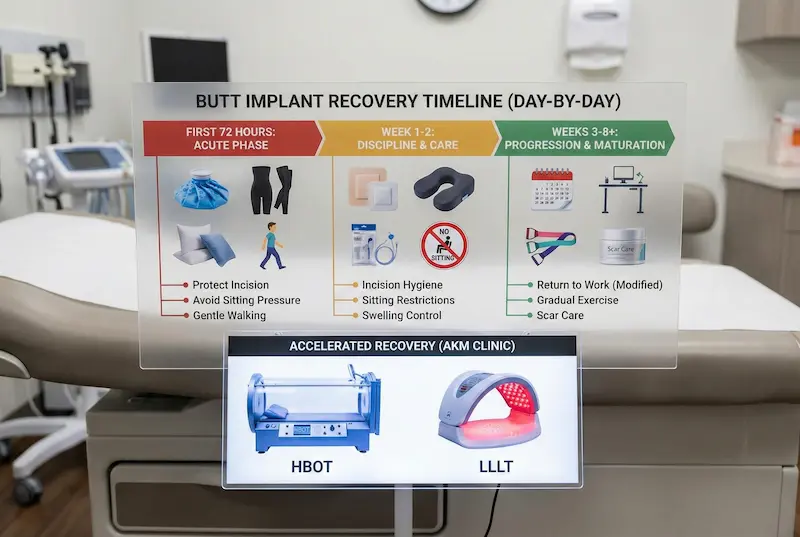 Butt Implants recovery timeline showing first 72 hours, weeks 1–2 care, weeks 3–8+ progress, HBOT and LLLT