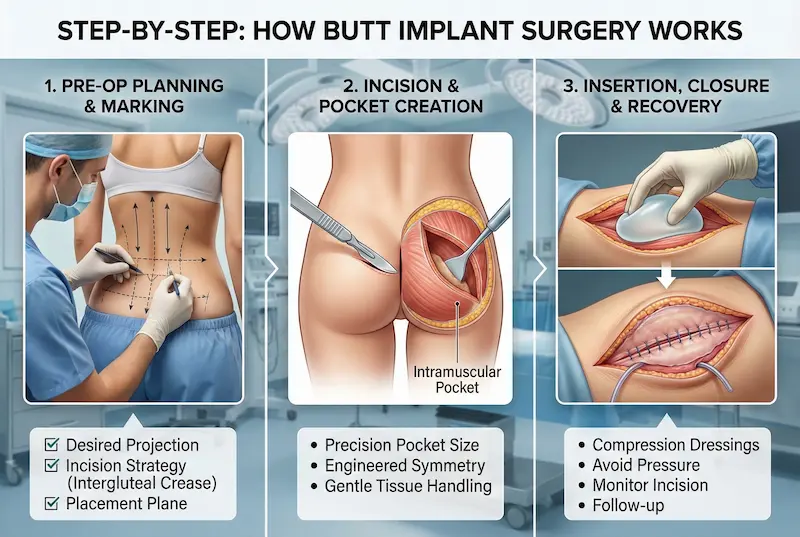 Butt Implant Surgery step-by-step infographic showing planning, incision and pocket creation, implant insertion, and recovery