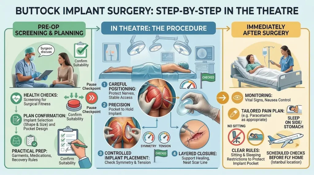 Butt Implants step-by-step infographic showing pre-op screening, implant placement in theatre, and immediate aftercare guidance