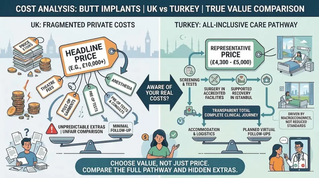 Butt Implants cost Turkey vs UK infographic comparing UK private fees with an all-inclusive Turkey care pathway and follow-up