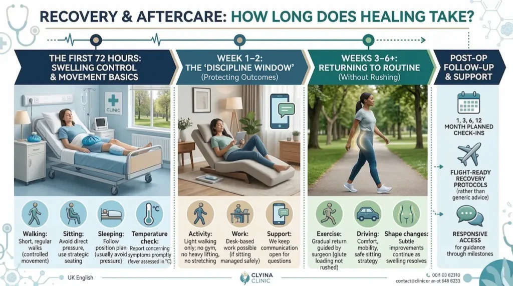 Butt Implants recovery and aftercare timeline infographic showing first 72 hours, weeks 1–2 discipline window, weeks 3–6+ return to routine, and follow-up