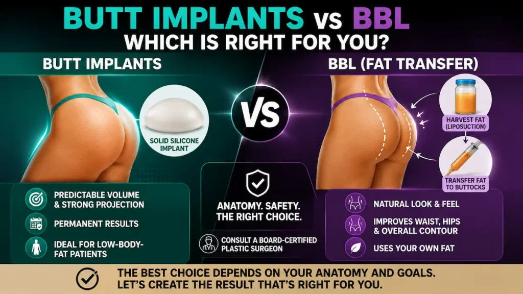 Butt implants vs BBL infographic comparing solid silicone gluteal implants with Brazilian Butt Lift fat transfer