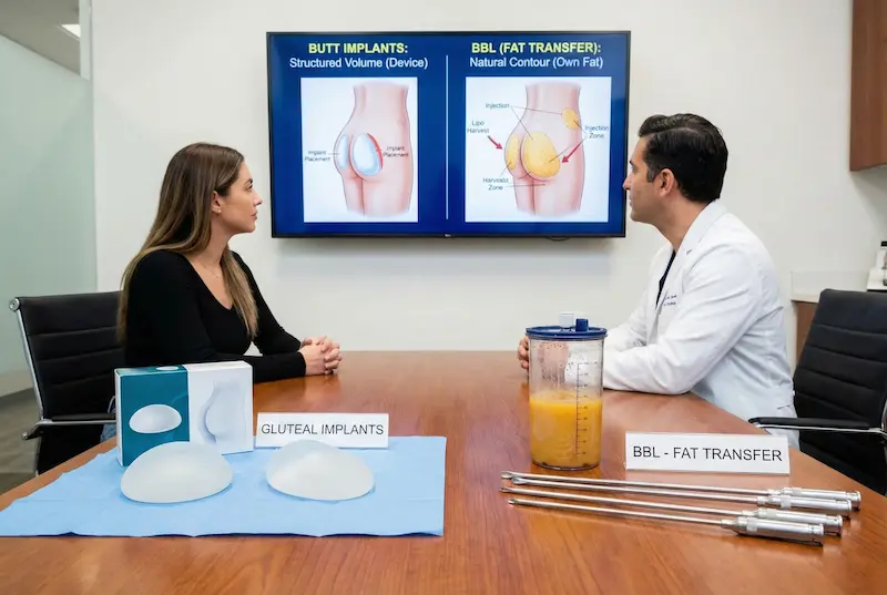 Butt Implants vs BBL fat transfer consultation showing gluteal implants and fat grafting tools for comparison