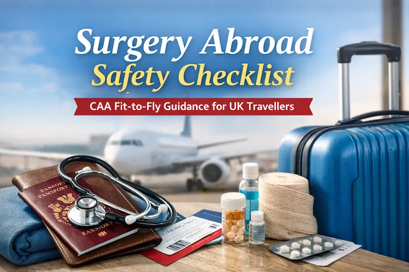 Surgery Abroad Safety Checklist cover image showing CAA fit to fly guidance for UK travellers with passport, stethoscope, medicines and luggage at an airport.