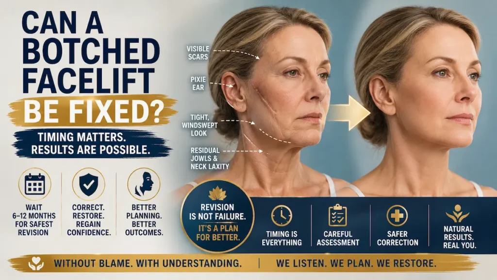 Botched facelift revision image showing visible scars, pixie ear, tight look, and safer correction timing.