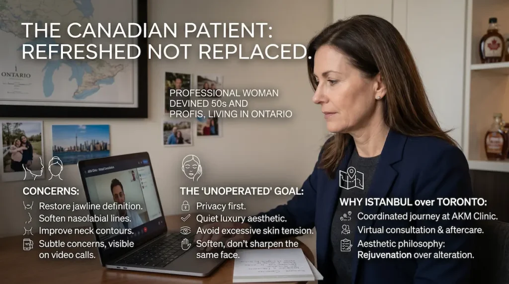Natural looking facelift Turkey case study showing a Canadian facelift patient reviewing goals in Ontario.