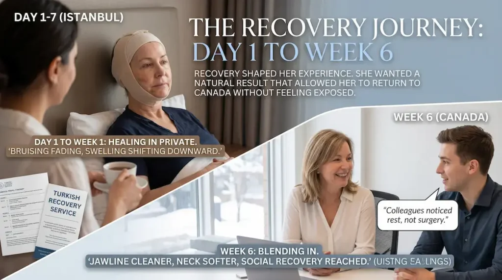 Natural looking facelift Turkey recovery journey from Istanbul healing week to social recovery in Canada.