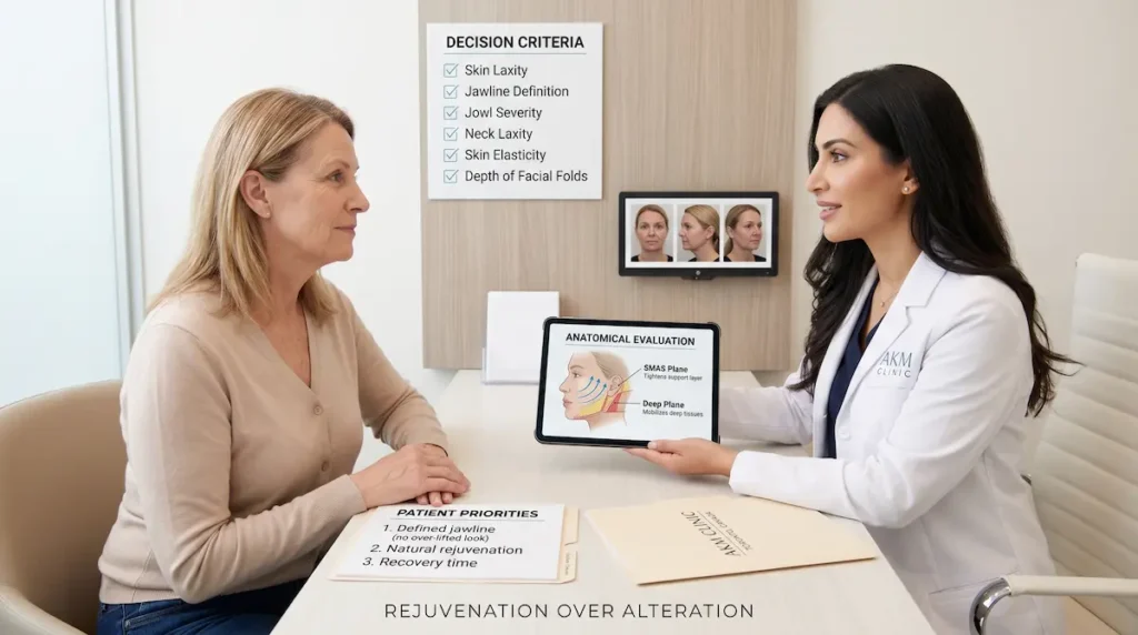 SMAS vs deep plane facelift consultation showing a Canadian patient reviewing anatomy, priorities and technique options.
