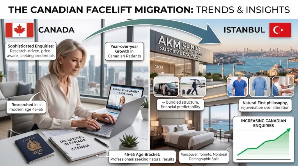 Infographic on Canadians getting facelifts in Turkey, showing migration data from Canada to Istanbul.