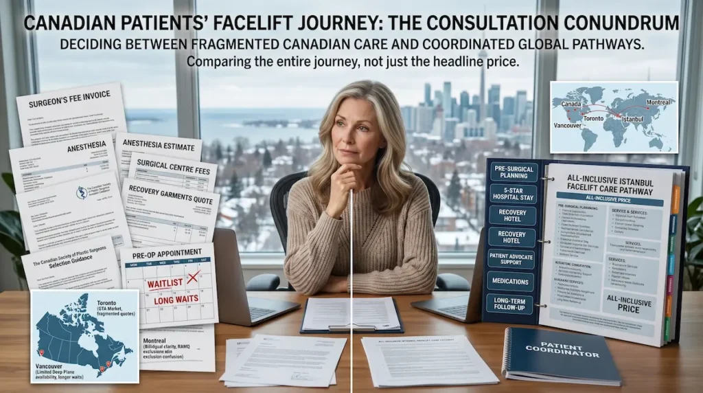 Facelift Turkey vs Canada reviews image of a Canadian patient comparing fragmented clinic quotes with an Istanbul care pathway.