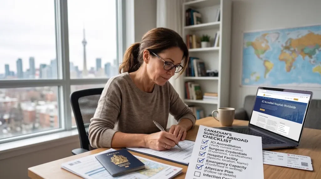 JCI accreditation hospital safety checklist showing a Canadian patient reviewing surgeon credentials, hospital verification, emergency capacity, and aftercare before surgery abroad.