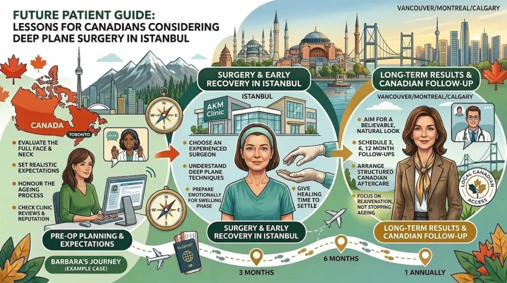 Barbara deep plane facelift review infographic showing Canada to Istanbul planning, recovery, and long-term follow-up steps.