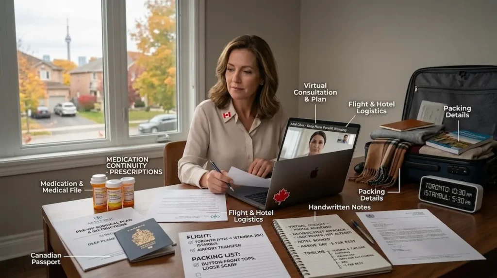 Canadian patient preparing documents for deep plane facelift journey Turkey with virtual consult, prescriptions, and packing checklist.
