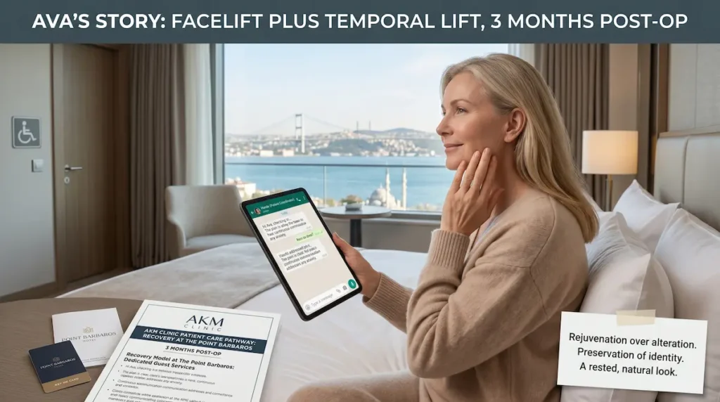 Facelift Turkey vs Canada reviews image of a Canadian patient at 3 months post-op in an Istanbul hotel after facelift and temporal lift.