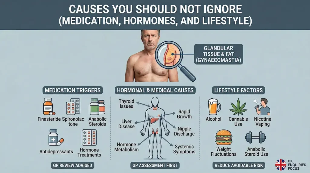 Infographic showing causes of gynaecomastia, including medication triggers, hormonal/medical causes, and lifestyle factors such as alcohol, cannabis, and weight changes.