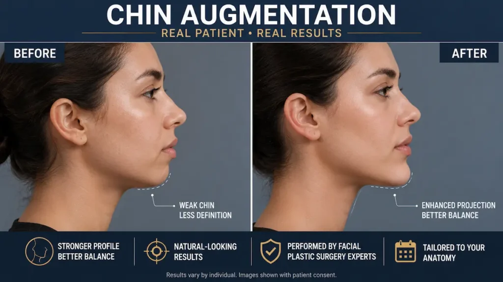 Chin augmentation before and after showing improved chin projection and facial profile balance.
