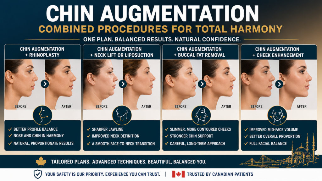 Chin augmentation combined procedures with rhinoplasty, neck lift, liposuction, buccal fat removal, and cheek enhancement.