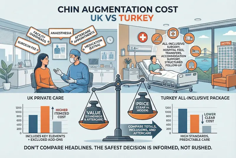 Chin Augmentation cost UK vs Turkey infographic comparing itemised UK fees with all-inclusive Turkey package and aftercare.