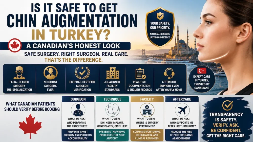 Chin augmentation in Turkey safety infographic for Canadian patients reviewing surgeon, facility, technique, and aftercare.
