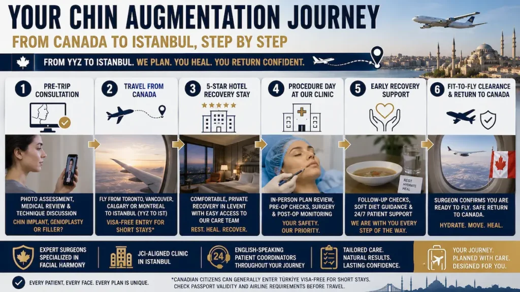 Chin augmentation journey from Canada to Istanbul showing consultation, travel, surgery, recovery, and fit-to-fly clearance.