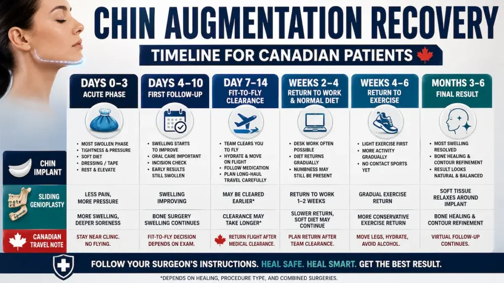Chin augmentation recovery timeline for Canadian patients after chin implant or sliding genioplasty.