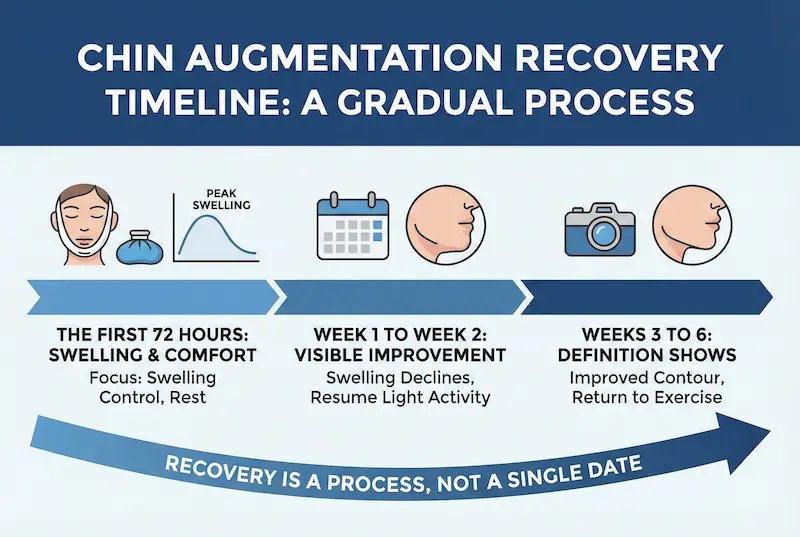 Chin Augmentation recovery timeline infographic showing first 72 hours, weeks 1–2 improvement, and weeks 3–6 definition.