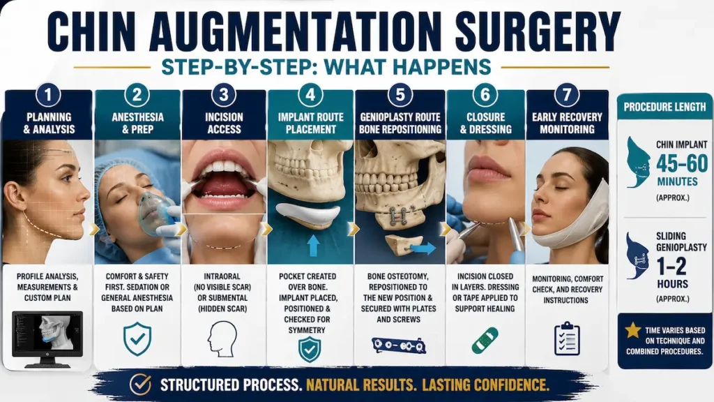 Chin augmentation surgery infographic showing planning, anesthesia, incision, implant placement, genioplasty, and recovery.