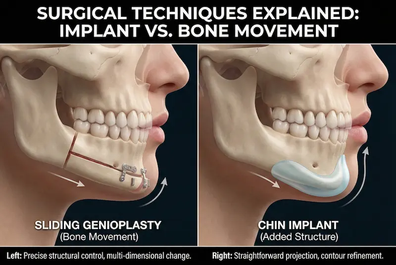 Chin Augmentation surgical techniques diagram comparing sliding genioplasty (bone movement) vs chin implant.