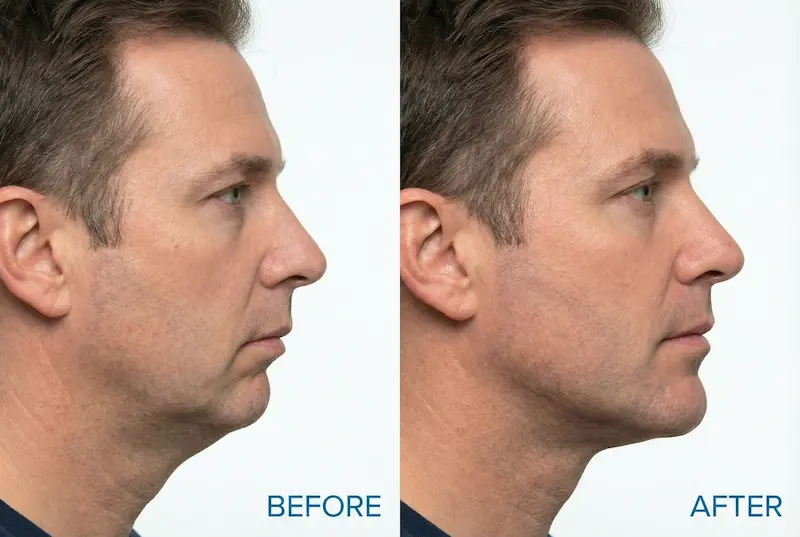 Chin Augmentation before-and-after side profile showing chin implant results with improved projection and jawline definition.