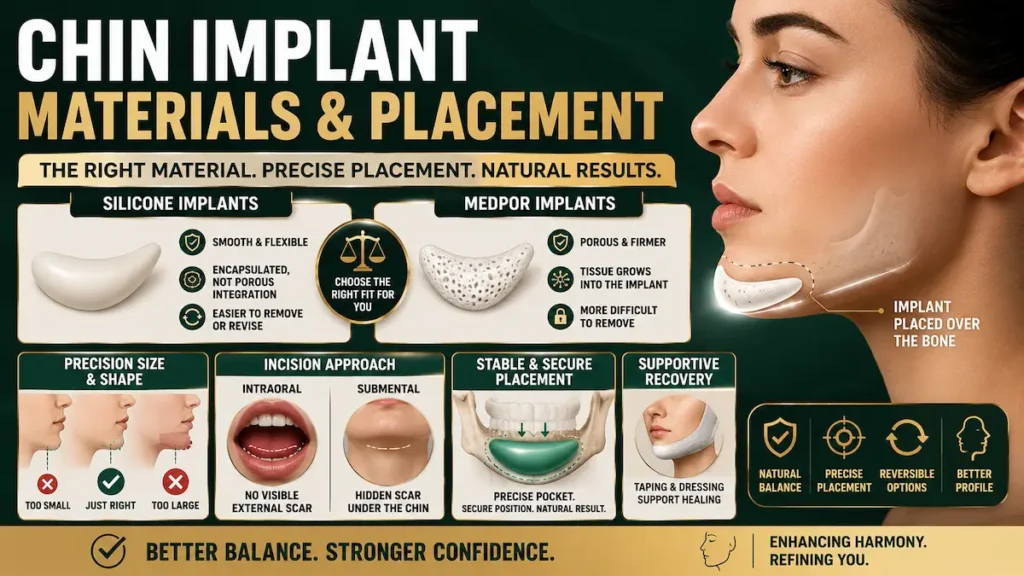 Chin implant materials and placement infographic comparing silicone and Medpor implants for chin augmentation.