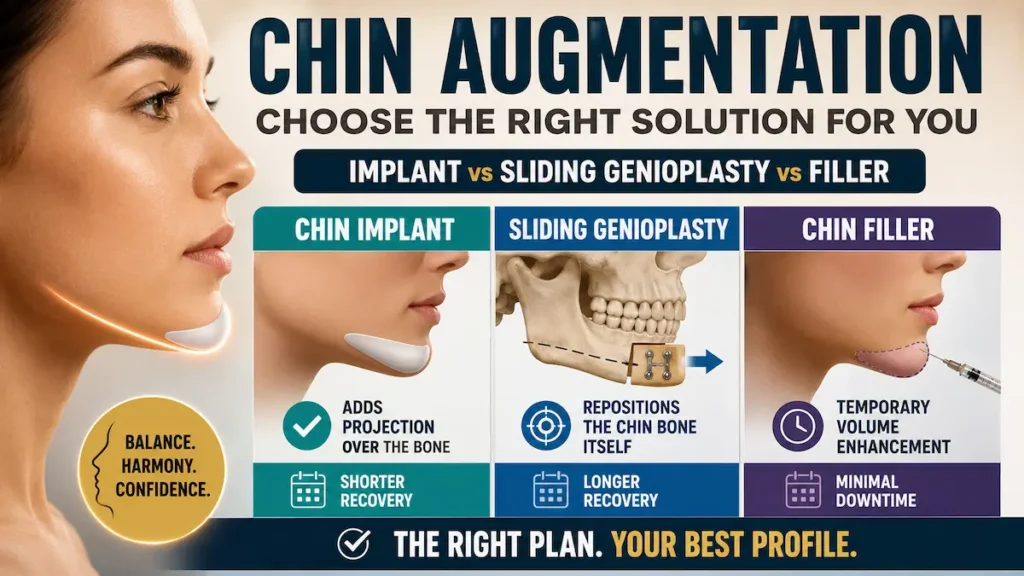 Chin augmentation comparison showing chin implant, sliding genioplasty, and chin filler options.