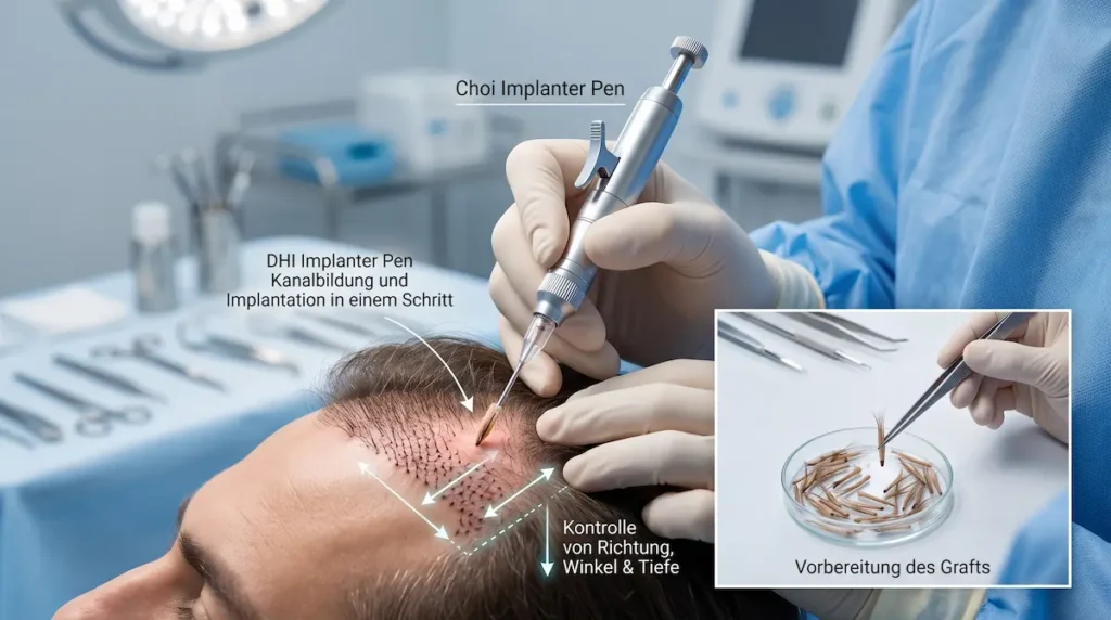 DHI oder FUE Haartransplantation: Choi Implanter Pen setzt vorbereitete Grafts direkt mit kontrolliertem Winkel und Tiefe ein.