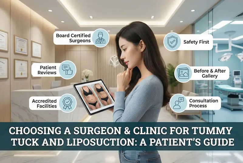 “Choosing a surgeon and clinic for tummy tuck and liposuction: patient guide graphic highlighting safety, reviews, and credentials.”