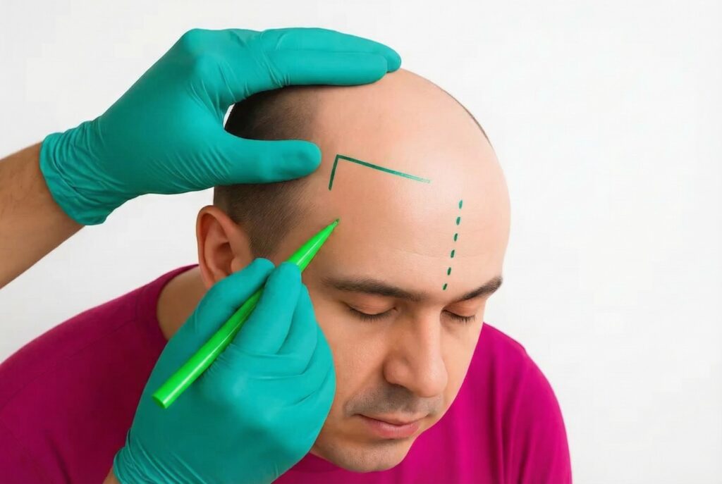 Surgeon marking a bald man’s new hairline to plan surgery while choosing between DHI and FUE hair transplant techniques